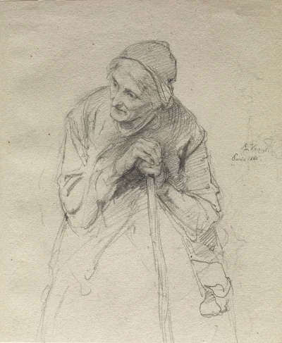Vieille femme s'appuyant sur une canne — Ludwig Knaus (1860) — pencil on paper, Walters Art Museum, Baltimore