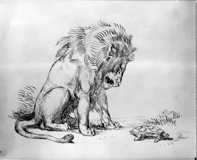 Le Lion et la Tortue — Eugène Delacroix (1835) — pen and iron gall ink with graphite on light blue moderately thick, smooth wove paper, Walters Art Museum, Baltimore