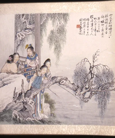 Scène du roman « Le Rêve dans le pavillon rouge » — Qian Hui'an (1860) — ink and color on paper mounted on cloth, Walters Art Museum, Baltimore