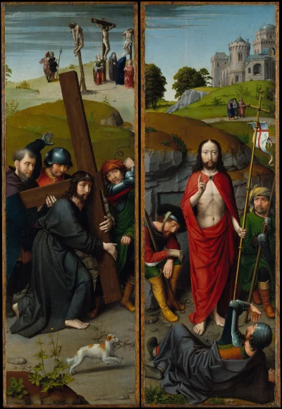 Le Portement de croix, avec la Crucifixion ; La Résurrection, avec les pèlerins d'Emmaüs — Gerard David (1507) — Oil on oak panel, Metropolitan Museum of Art, New York, NY
