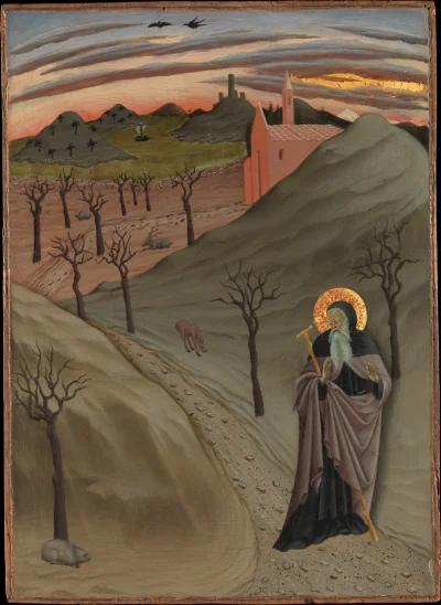 Saint Antoine l'Abbé dans le désert — Maître de l'Observance (1435) — Tempera and gold on wood, Metropolitan Museum of Art, New York, NY