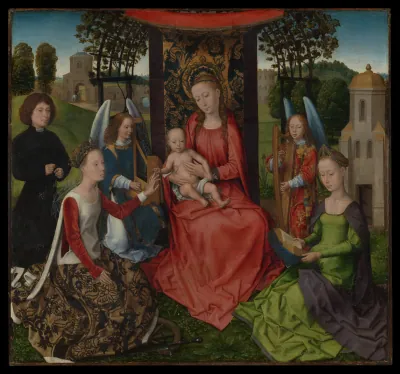 Vierge à l'Enfant avec sainte Catherine d'Alexandrie et sainte Barbe — Hans Memling (1480) — Oil on wood, Metropolitan Museum of Art, New York, NY