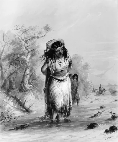 Jeune Indienne avec son papoose traversant un ruisseau — Alfred Jacob Miller (1858) — wash heightened with white on paper, Walters Art Museum, Baltimore