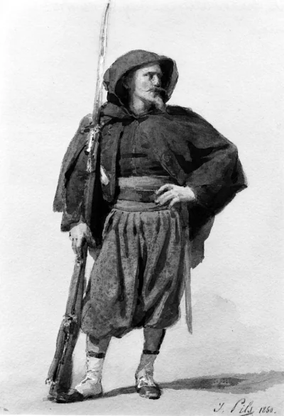 Zouave — Isidore Pils (1850) — watercolor and pen and ink with graphite underdrawing, white heightening,and gum heightening on beige, moderately thick, moderately textured wove paper, Walters Art Museum, Baltimore