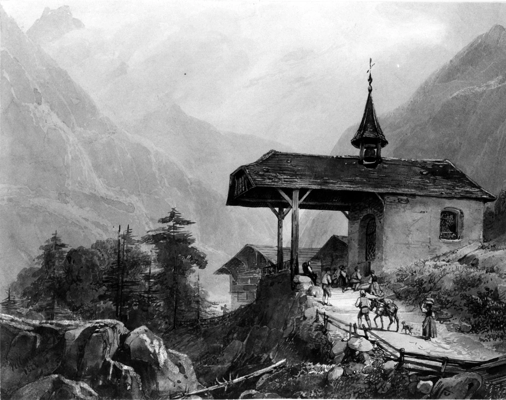 Chapelle dans les montagnes — Louis-Jules-Frederic Villeneuve (1828) — brown ink wash on cream, moderately thick, moderately textured wove paper, Walters Art Museum, Baltimore