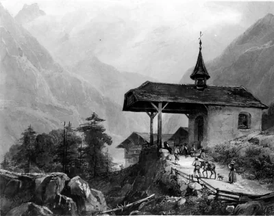 Chapelle dans les montagnes — Louis-Jules-Frederic Villeneuve (1828) — brown ink wash on cream, moderately thick, moderately textured wove paper, Walters Art Museum, Baltimore