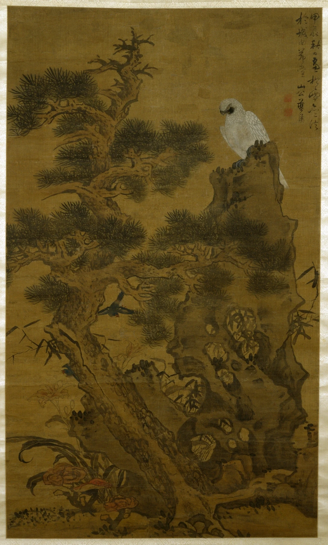 Pin, faucon blanc et rocher — Lan Ying (1664) — ink and color on silk mounted on paper, Walters Art Museum, Baltimore