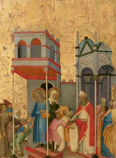 Joachim et Anne distribuant de la nourriture aux pauvres et des offrandes au temple — Andrea de’ Bartoli (1400) — tempera on poplar panel, National Gallery of Art, Washington
