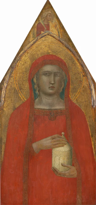 Sainte Marie Madeleine, avec un ange [panneau gauche] — Pietro Lorenzetti (1340) — tempera on panel transferred to canvas, National Gallery of Art, Washington
