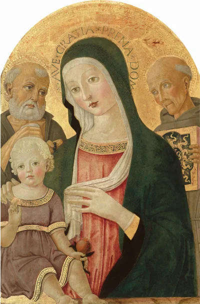 La Vierge à l'Enfant avec saint Jérôme et saint Bernardin de Sienne — Benvenuto di Giovanni (1480) — tempera on panel, National Gallery of Art, Washington