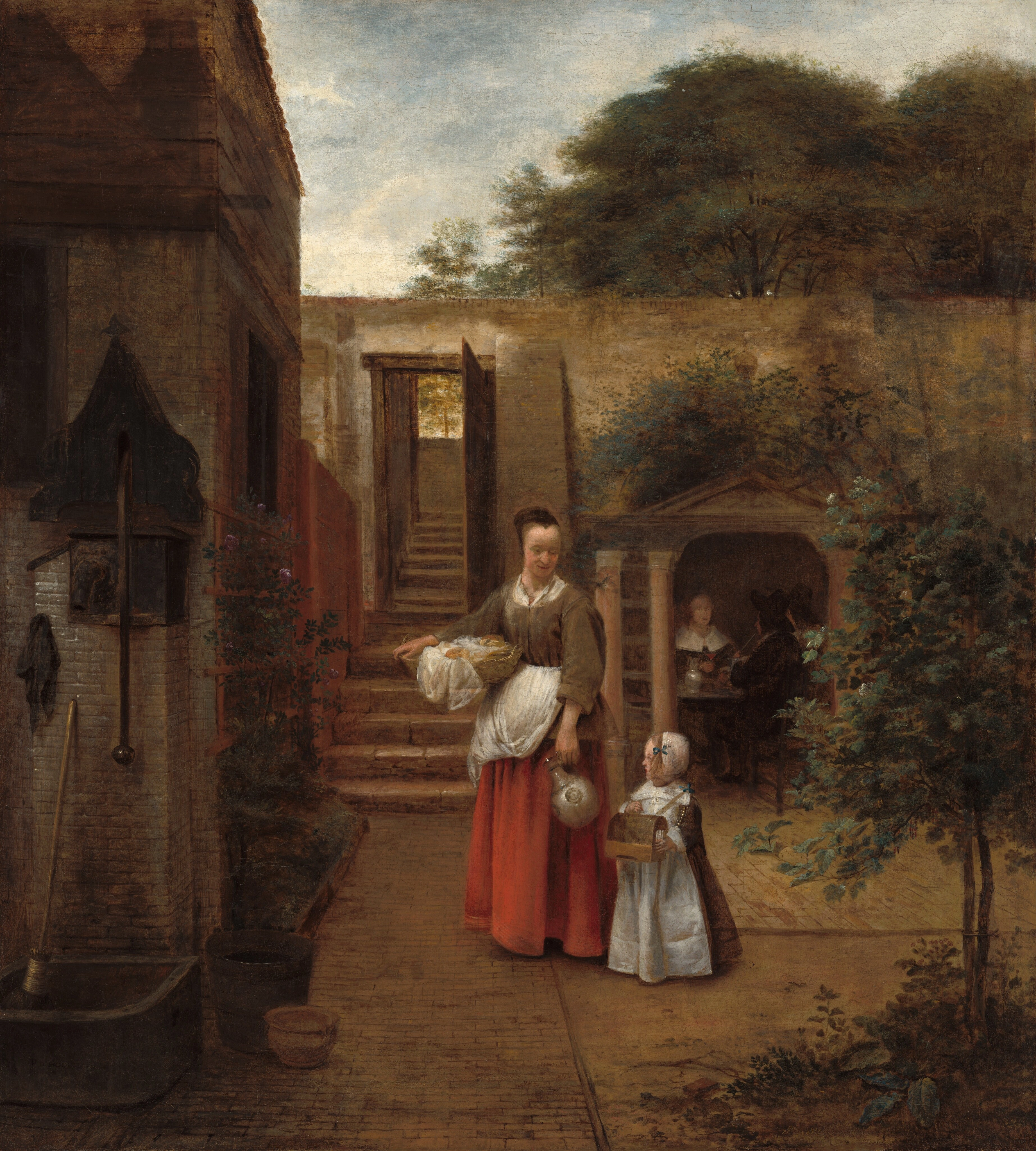 Femme et enfant dans une cour