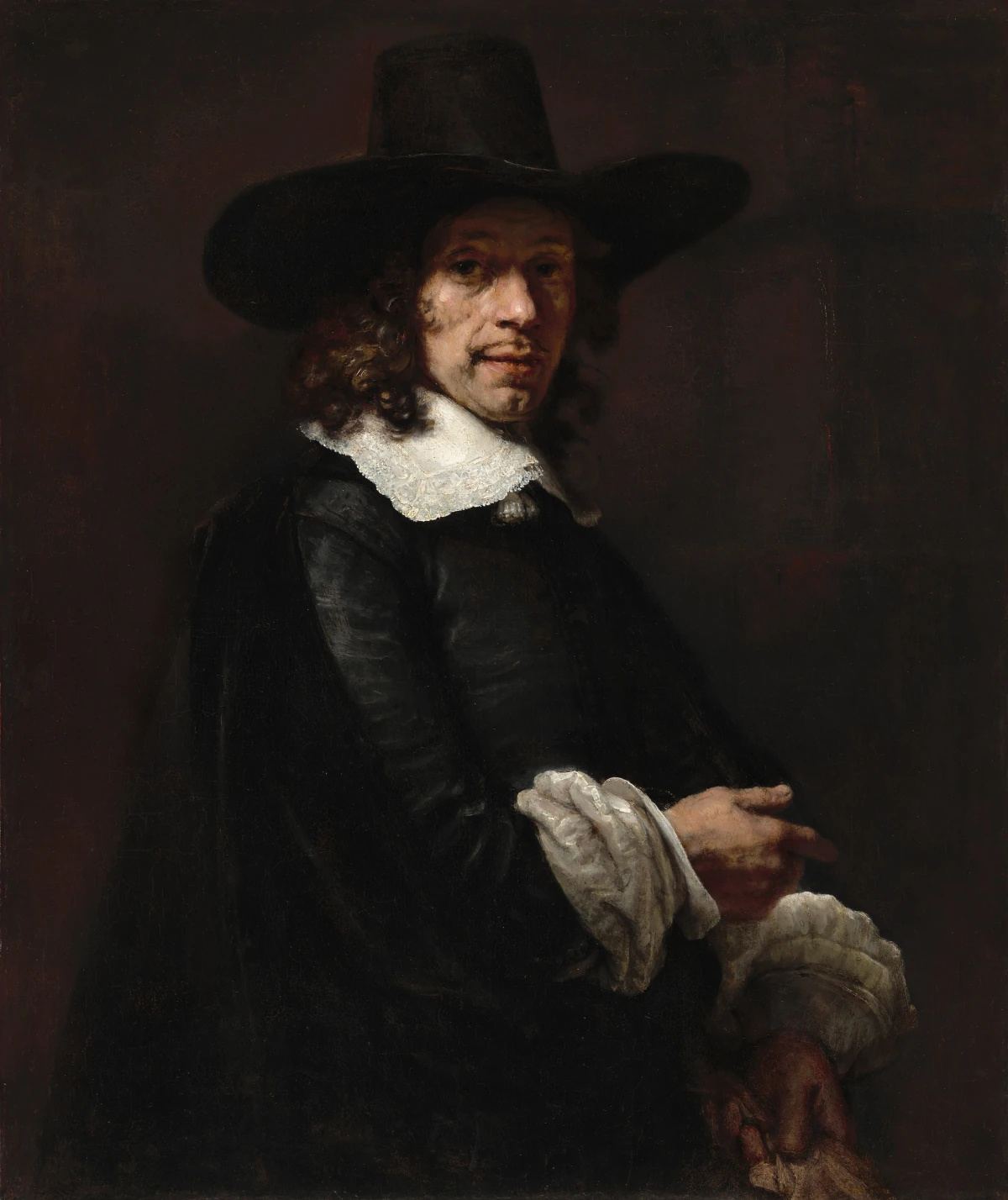 Portrait d'un Gentleman avec un Chapeau Haut et des Gants — Rembrandt van Rijn (1656) — oil on canvas transferred to canvas, National Gallery of Art, Washington