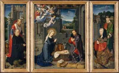 La Nativité avec donateurs et saints Jérôme et Léonard — Gerard David (1510) — Oil on canvas, transferred from wood, Metropolitan Museum of Art, New York, NY