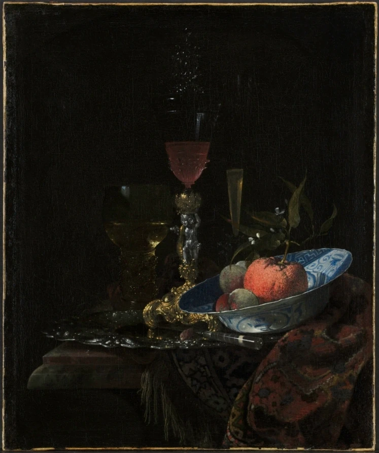 Verre à vin et bol de fruits — Willem Kalf (1663) — oil on canvas, Cleveland Museum of Art