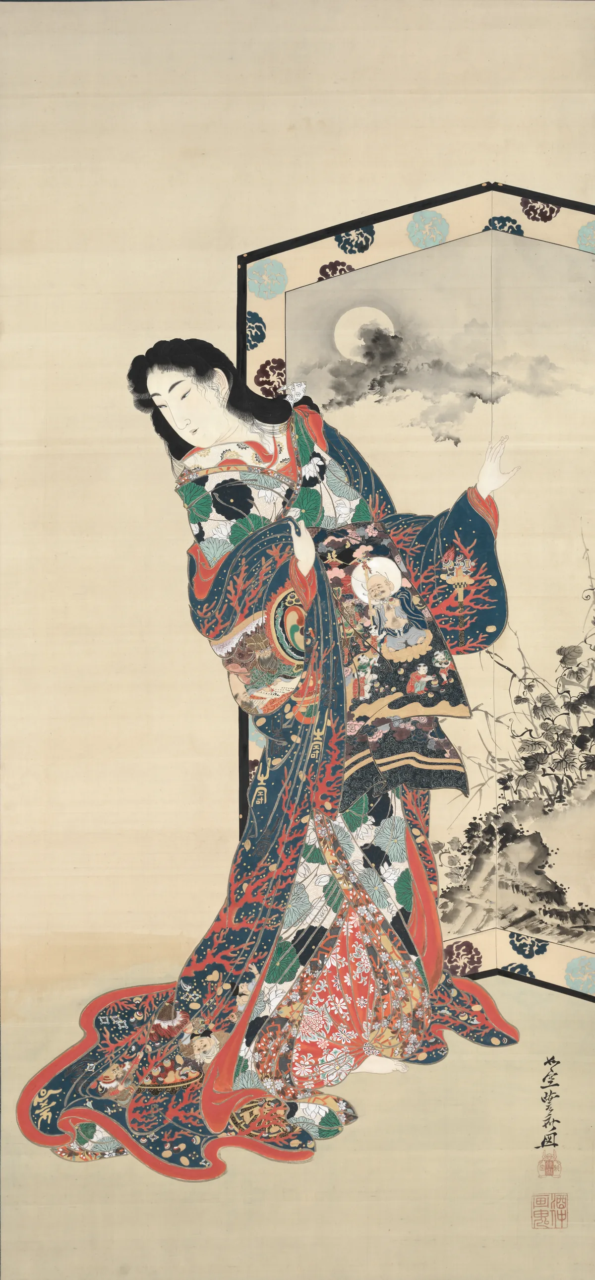 Hell Courtesan — Kawanabe Kyōsai (1871) — Hanging scroll; ink, color, gold, and silver on silk, Cleveland Museum of Art