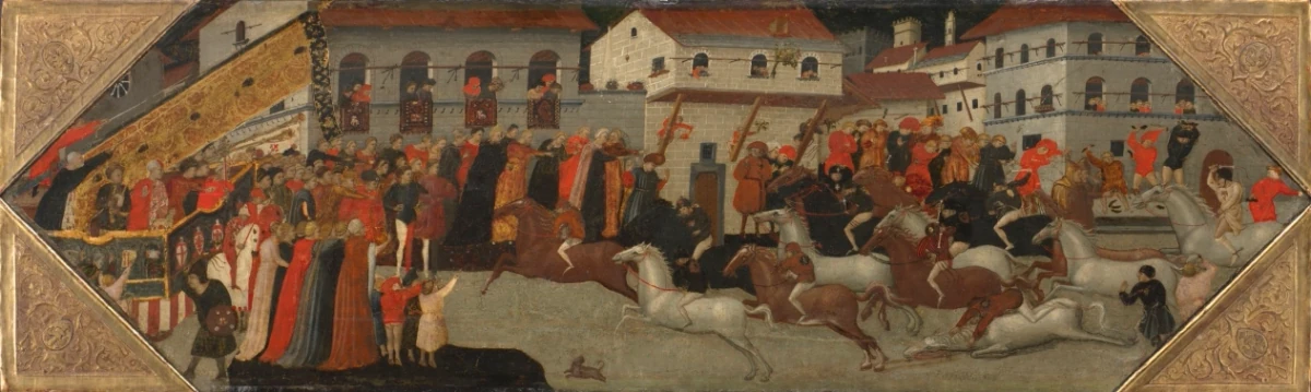 Panneau d'un cassone : La Course du Palio dans les rues de Florence — Giovanni Francesco Toscani (1418) — tempera and gold on wood, Cleveland Museum of Art