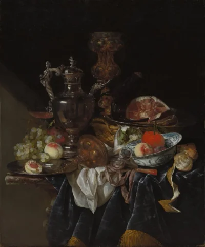 Cruche à vin en argent, jambon et fruits — Abraham van Beyeren (1660) — oil on canvas, Cleveland Museum of Art