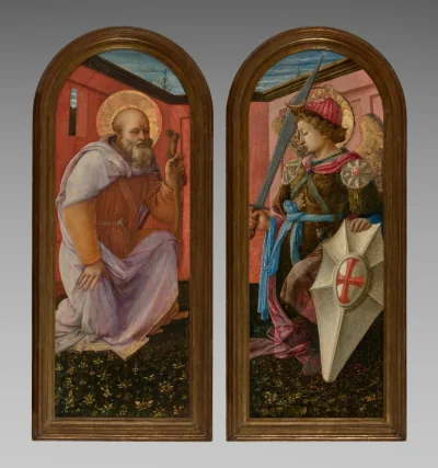 Paire de panneaux d'un triptyque : L'archange Michel et saint Antoine Abbé — Fra Filippo Lippi (1458) — tempera on wood panel, Cleveland Museum of Art