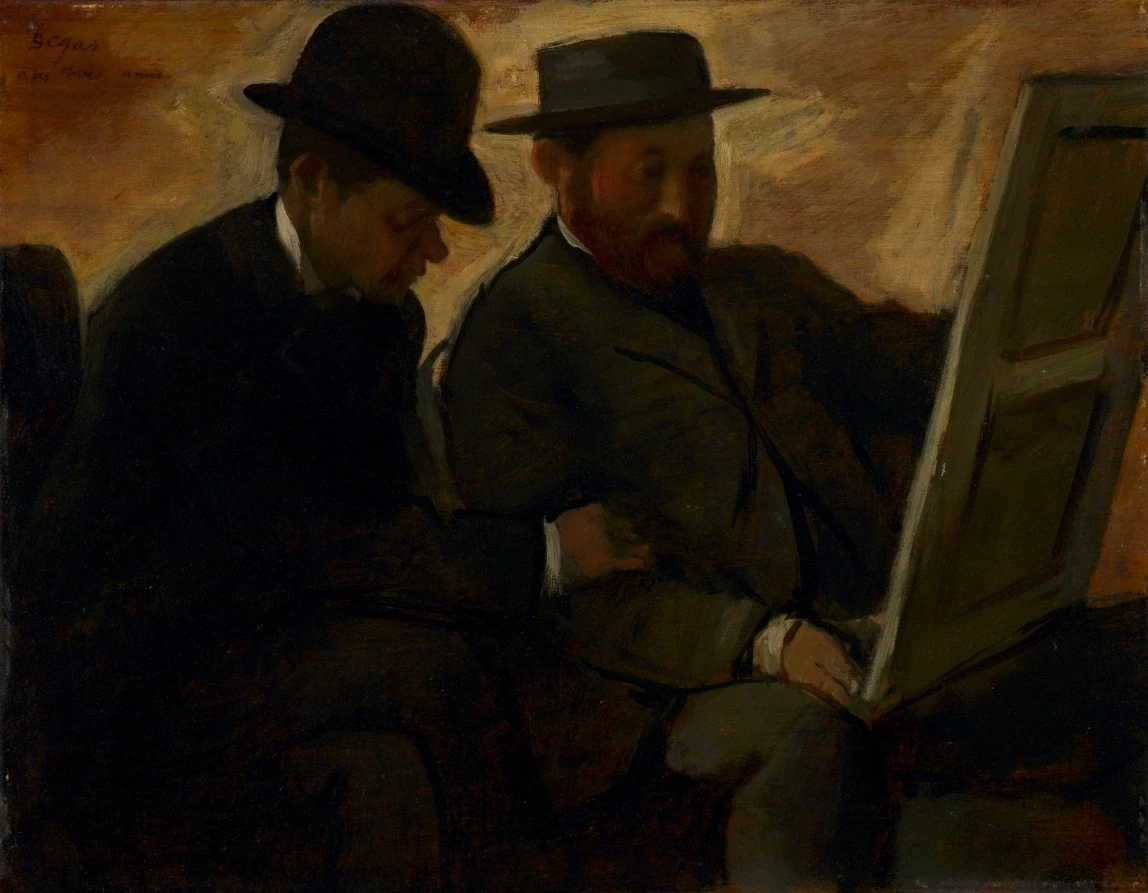 Paul Lafond et Alphonse Cherfils examinant un tableau — Edgar Degas (1873) — oil on wood panel, Cleveland Museum of Art