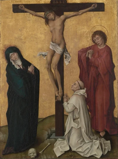 La Crucifixion avec un moine chartreux — Rogier van der Weyden (1455) — oil and gold on wood, Cleveland Museum of Art