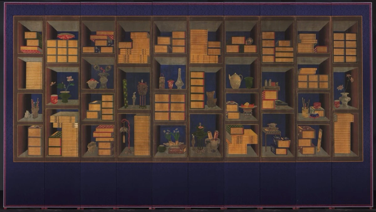 Livres et accessoires d'érudits — Yi Taek-gyun (1875) — ten-panel folding screen; ink and color on silk, Cleveland Museum of Art