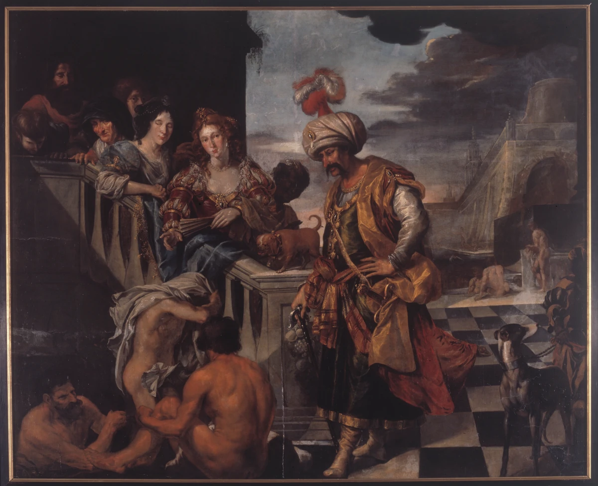 En tyrk med følge. Badning i en orientalsk havn — Isaacsz., Pieter (1584) — Olie på lærred, Statens Museum for Kunst