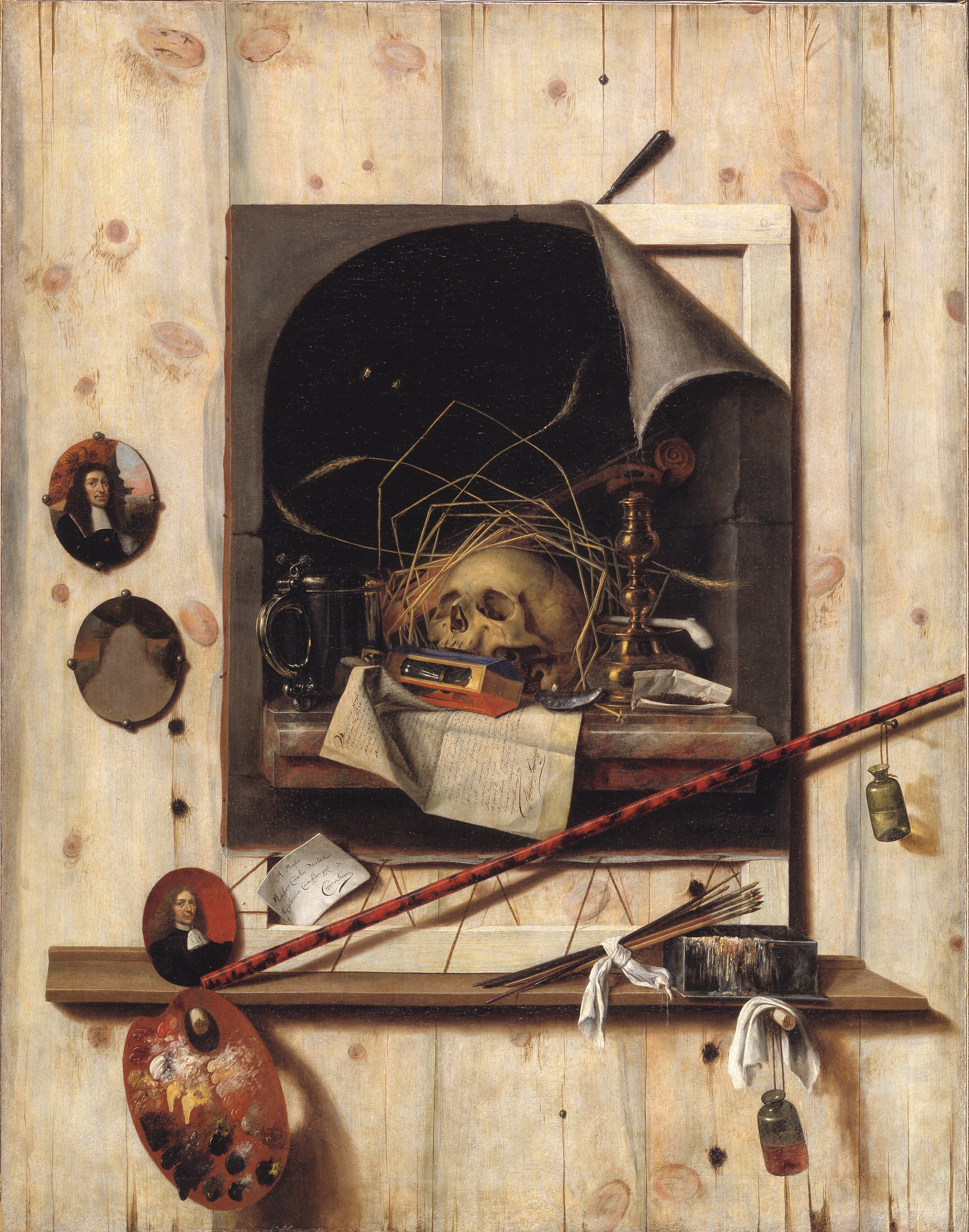 Trompe l'oeil med ateliervæg og vanitas-stilleben