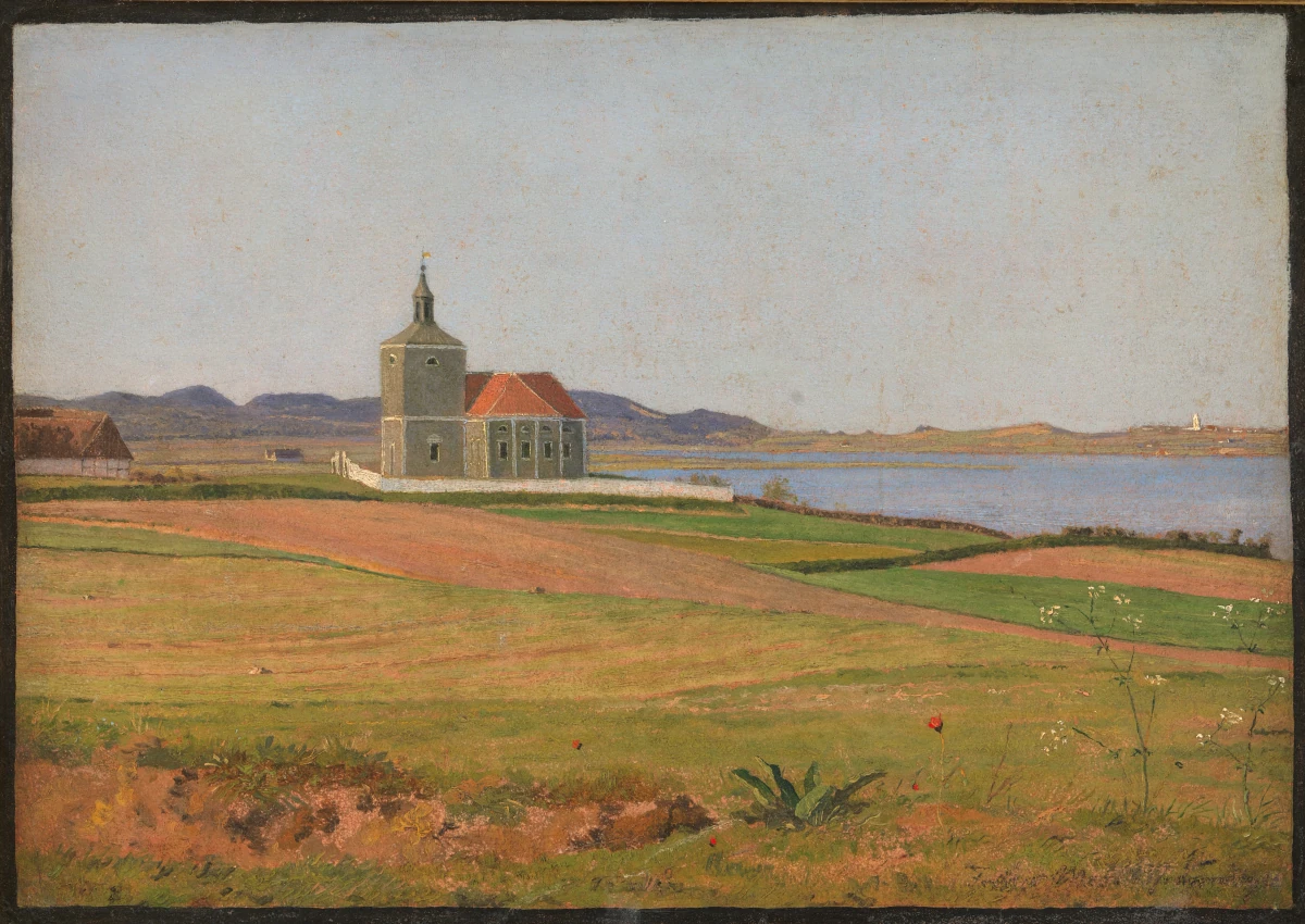 Vinderød kirke ved Frederiksværk — Johan Thomas Lundbye (1837) — Olie på papir opsat på lærred, Statens Museum for Kunst