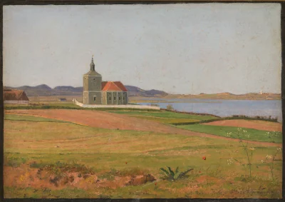Vinderød kirke ved Frederiksværk — Johan Thomas Lundbye (1837) — Olie på papir opsat på lærred, Statens Museum for Kunst