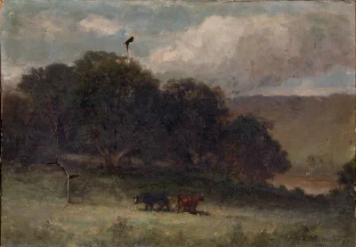 Sans titre (paysage avec arbres et deux vaches dans une prairie) — Bannister, Edward Mitchell (1890) — Paintings, Smithsonian