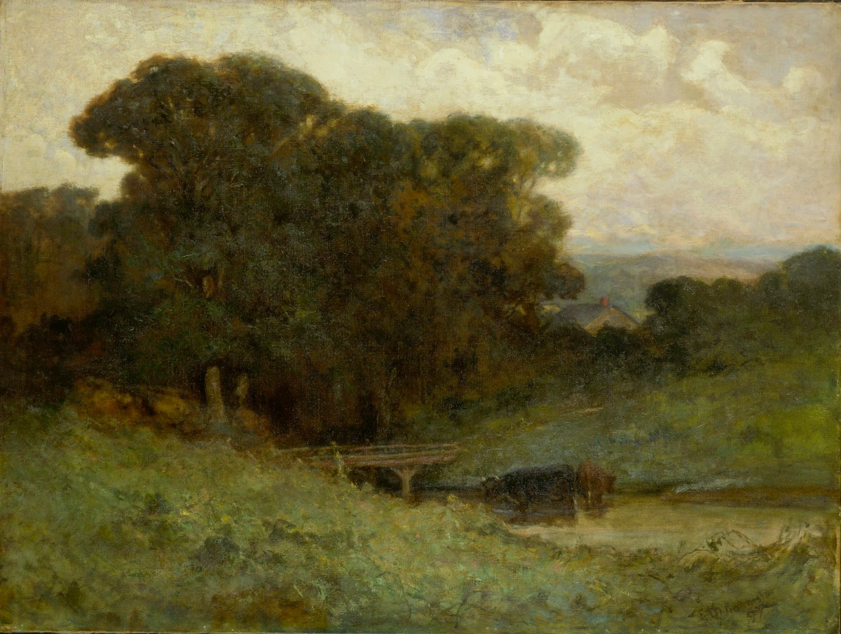Sans titre (scène de forêt avec pont, vaches dans le ruisseau au premier plan) — Bannister, Edward Mitchell (1890) — Paintings, Smithsonian